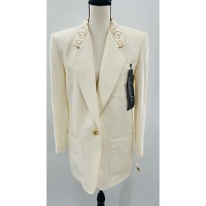 Suzelle Vintage 80's White Silk Gold Detailed Silk Blazer, NWT